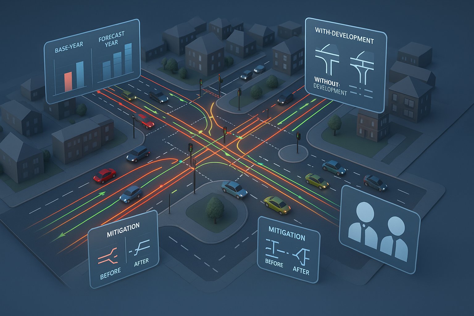 3D traffic model showing road network scenarios for a UK planning assessment.