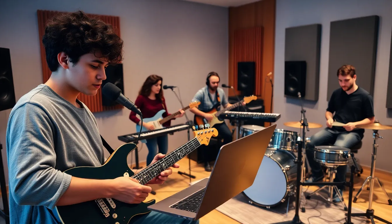 Musicians collaborating in a modern recording studio.