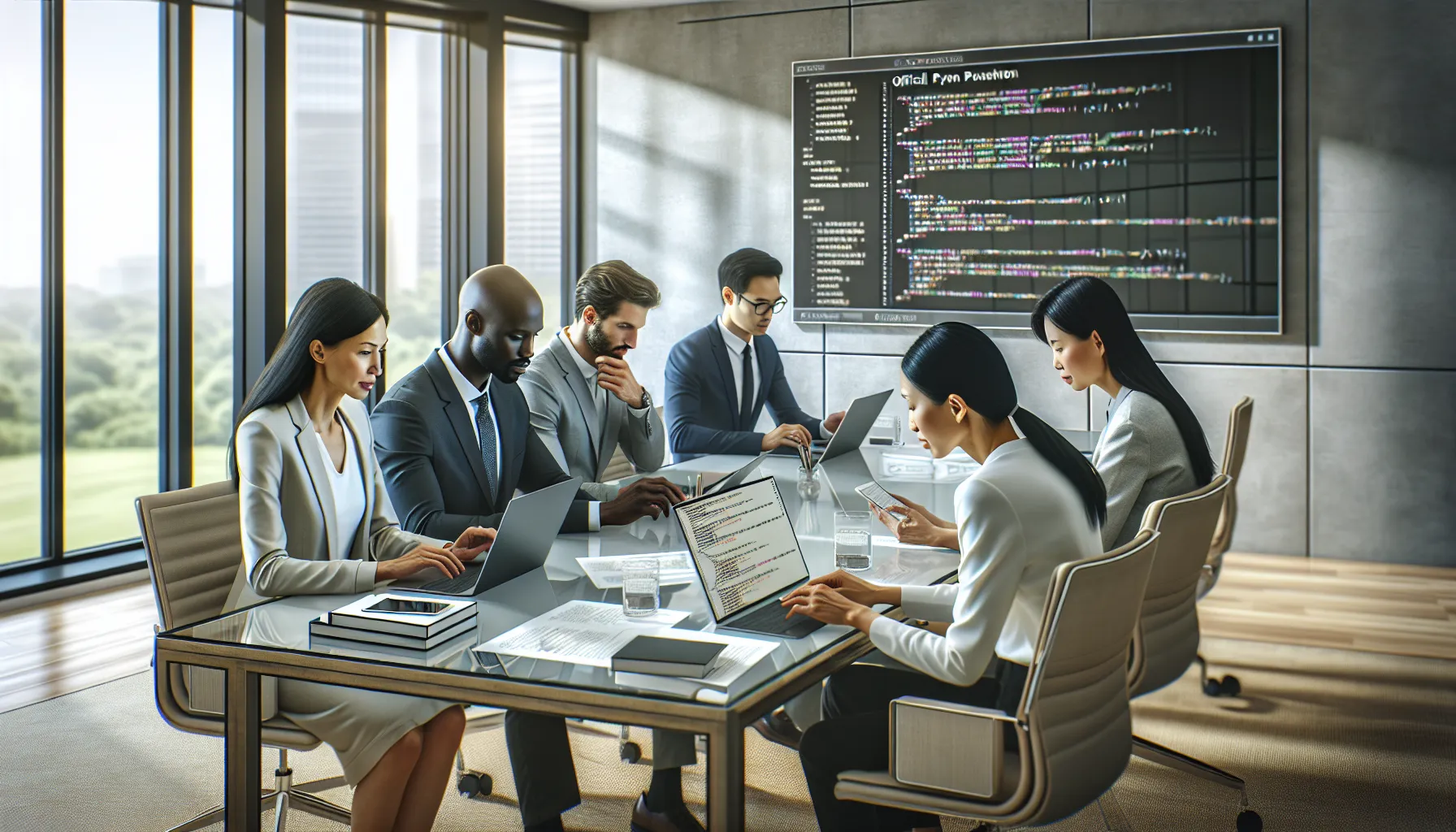 diverse professionals coding together in a modern workspace.