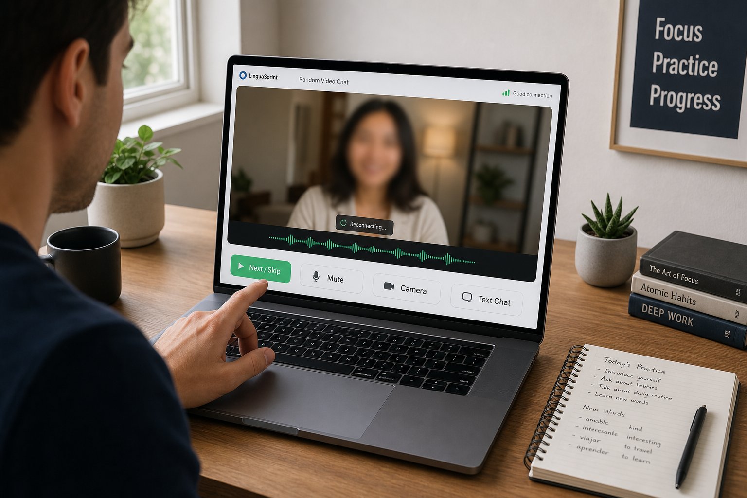 Professional using laptop video chat with simple controls and unstable connection cues.