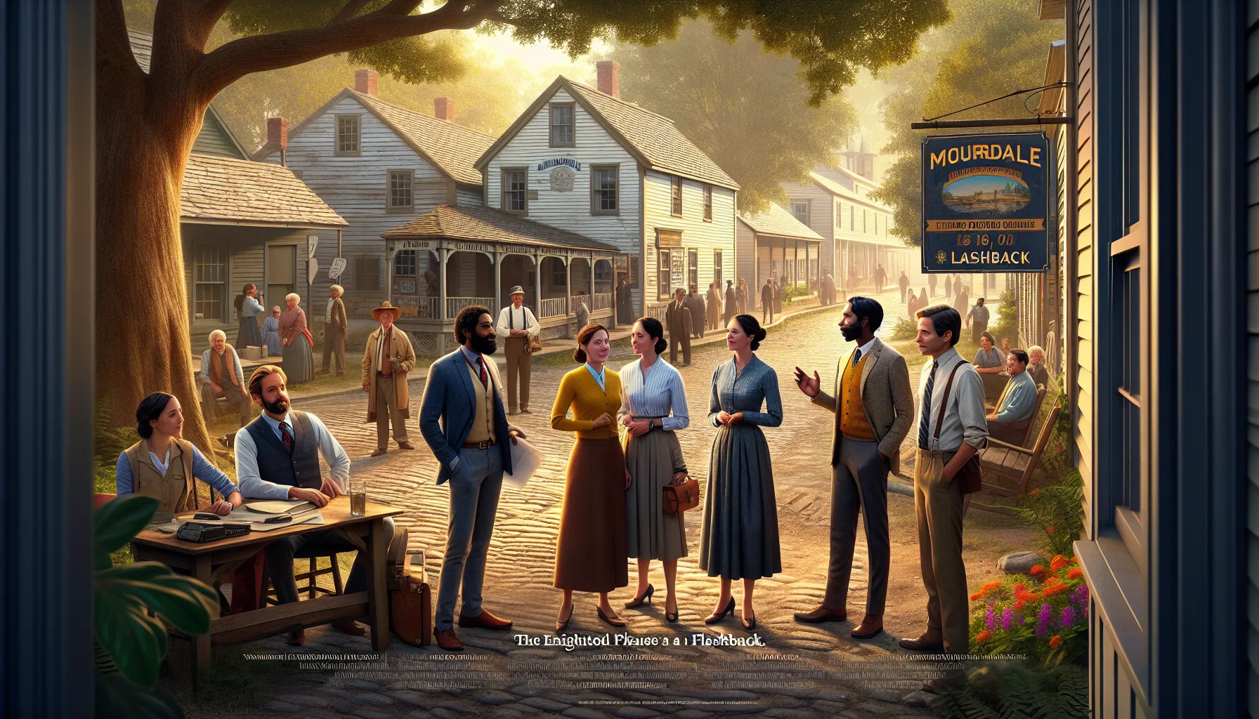 diverse professionals discussing Mourrdale's history near a museum.