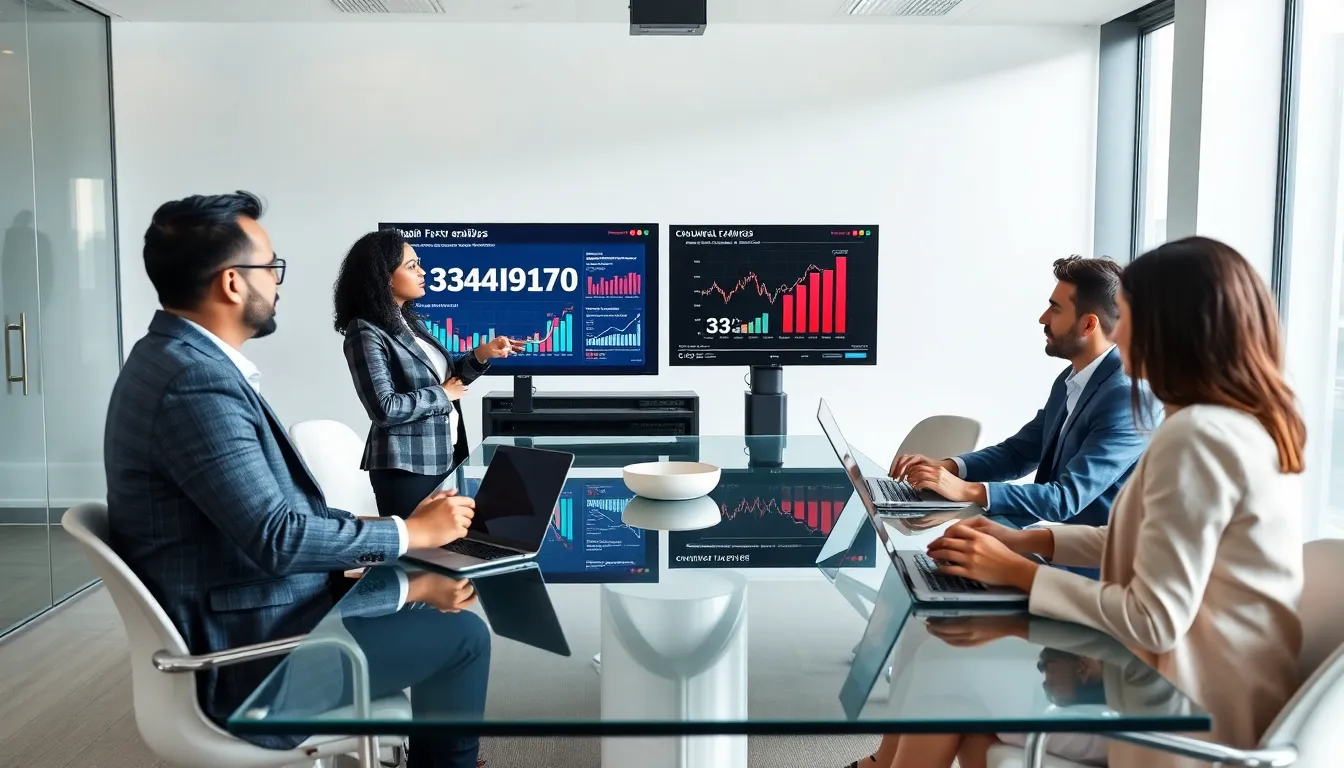 diverse team discussing analytics in a modern office.