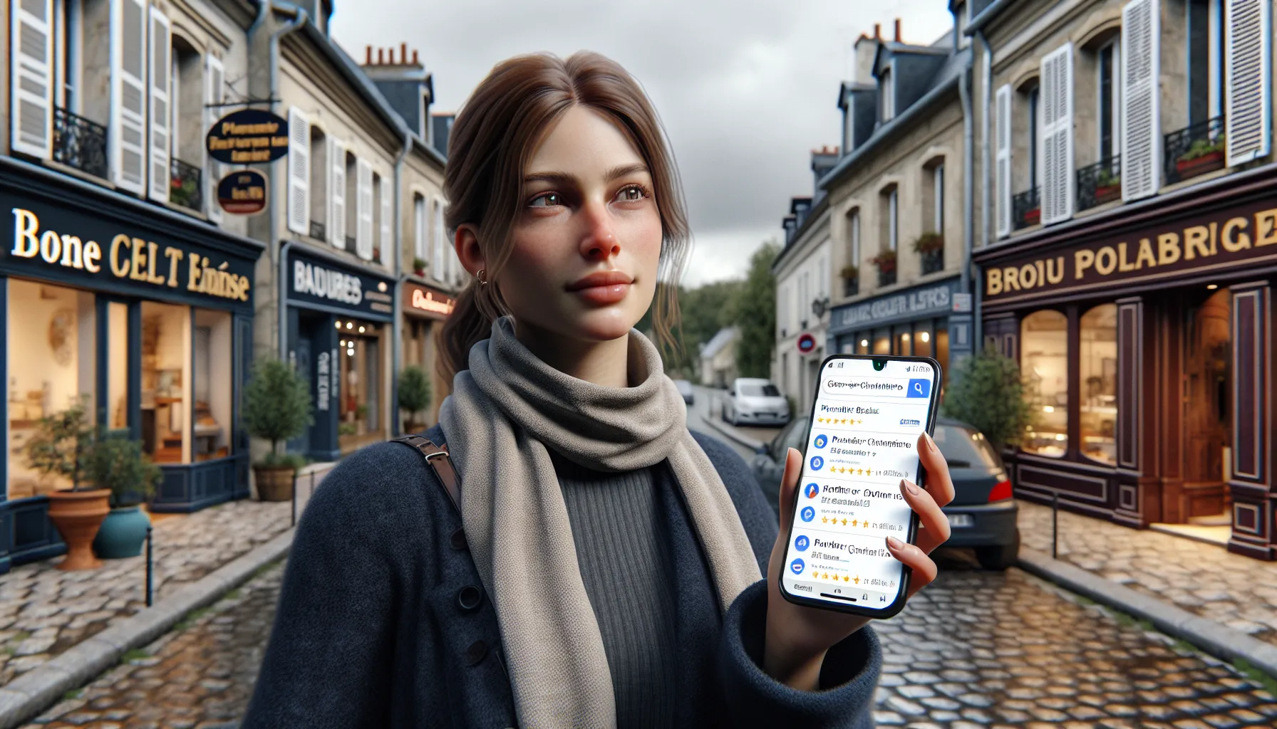 Woman in Brou-sur-Chantereine using Google Maps on her phone to find services.