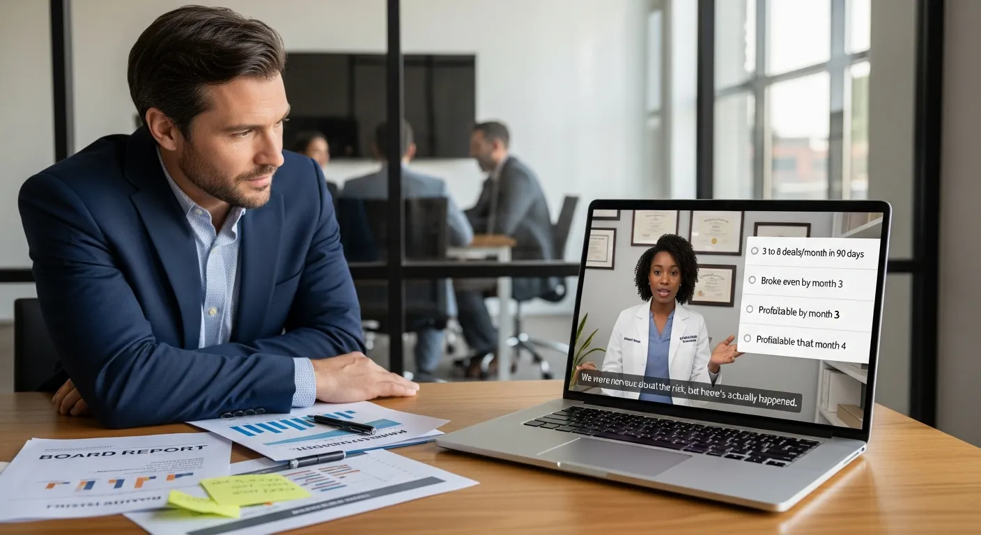 Executive watching an in-depth video testimonial with concrete metrics before a high-ticket purchase.