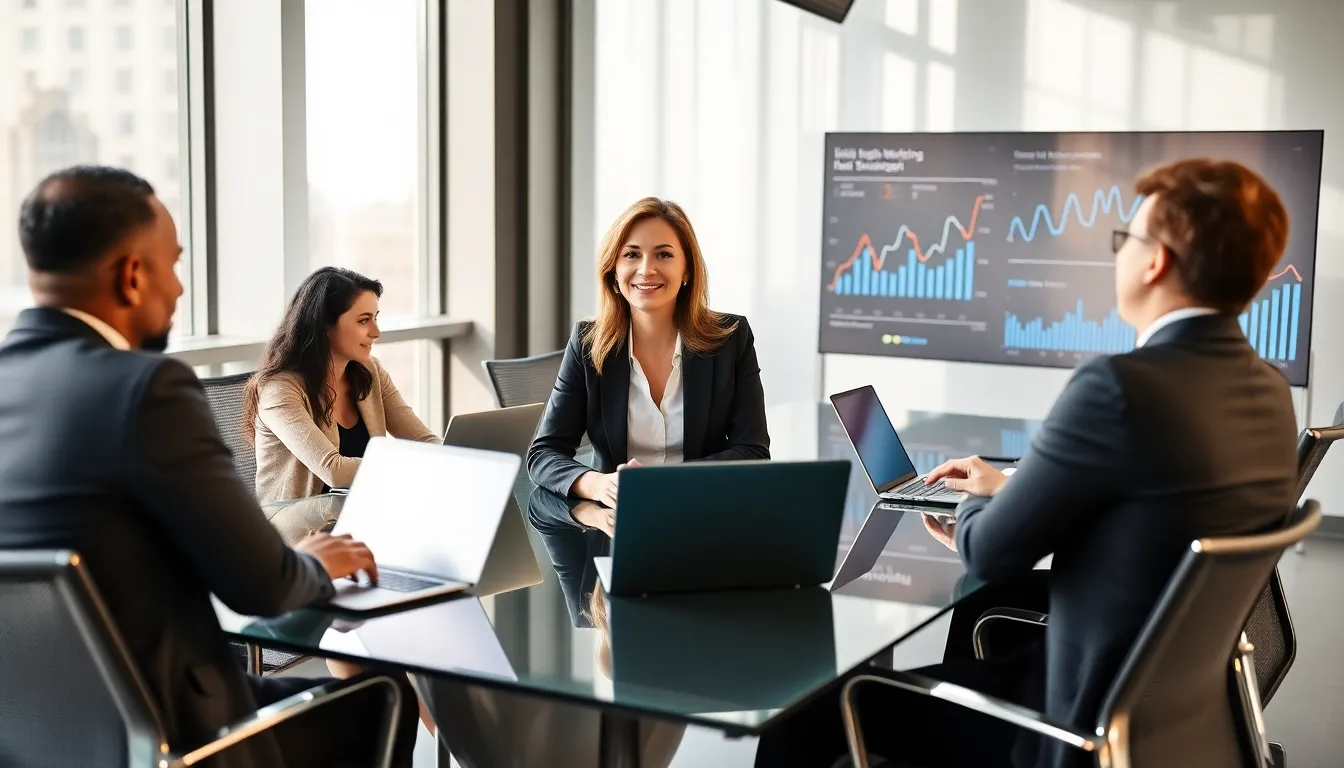Stacy Klinger leading a diverse team in a modern office.