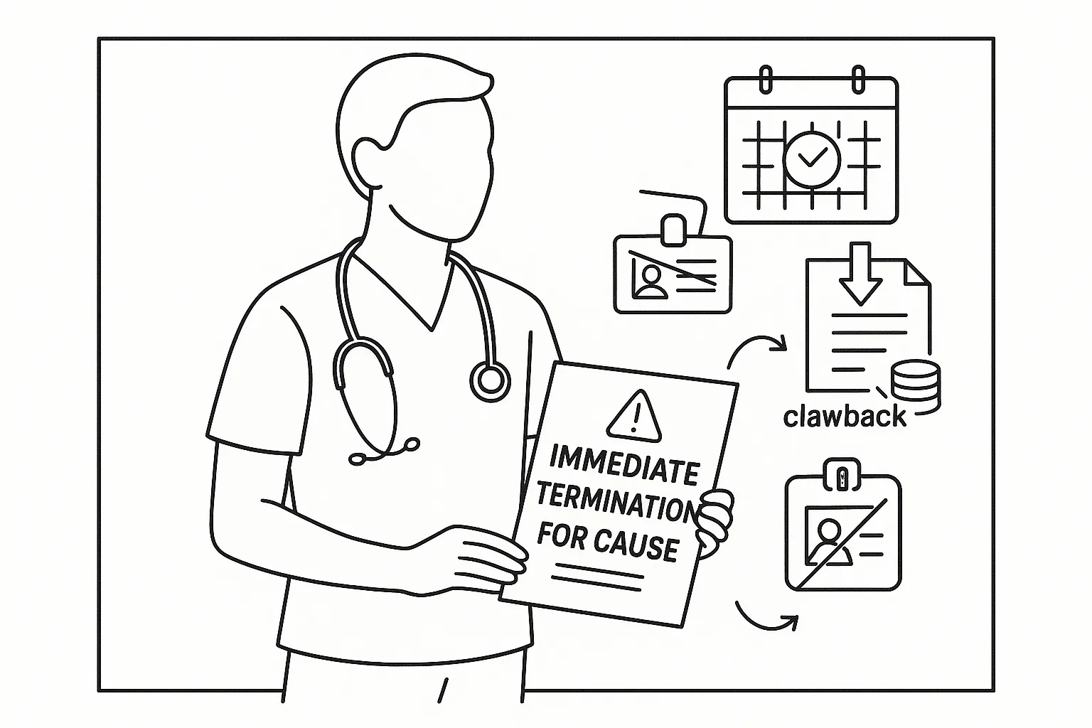 A PA holding an immediate termination letter with icons for lost pay, suspended badge, and clawback.