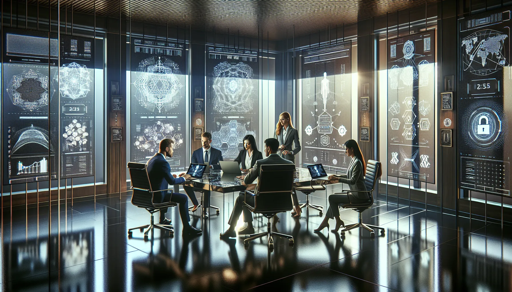 diverse cybersecurity team discussing cryptographic implications in a modern office.