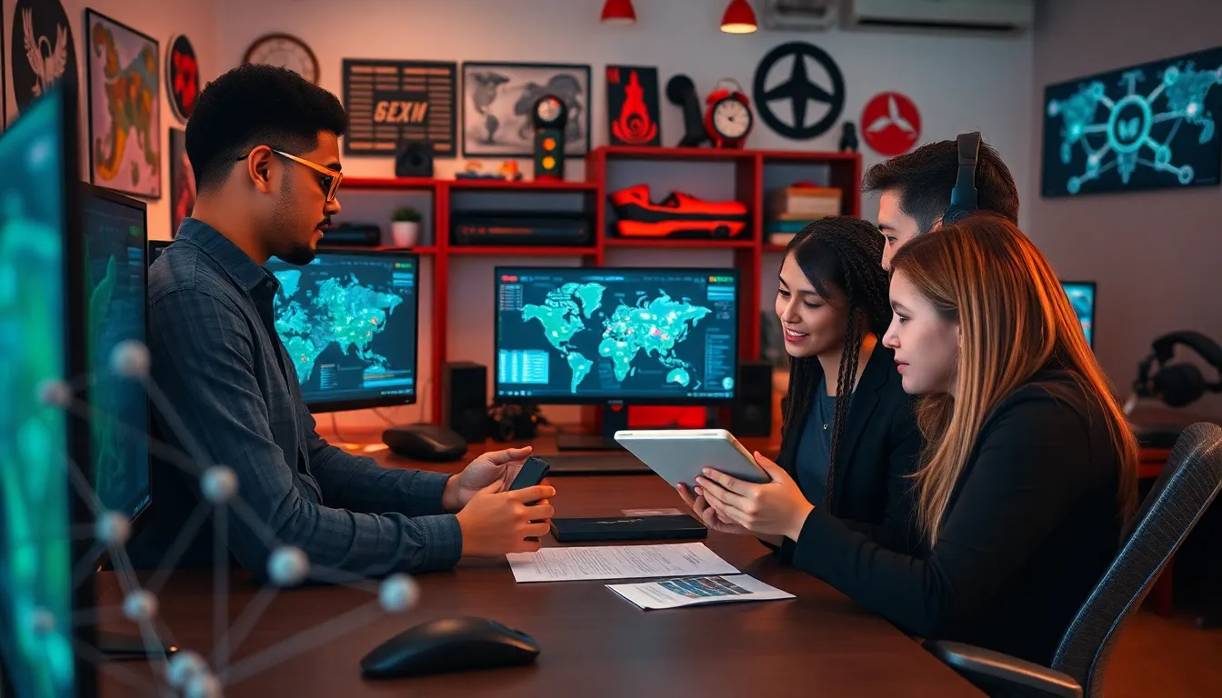 diverse group discussing gaming strategies in a modern workspace.