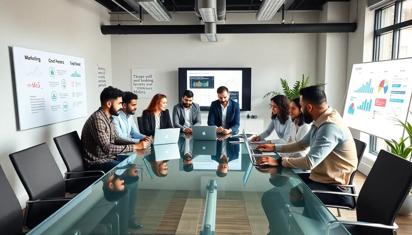 diverse marketing team collaborating in a modern office.