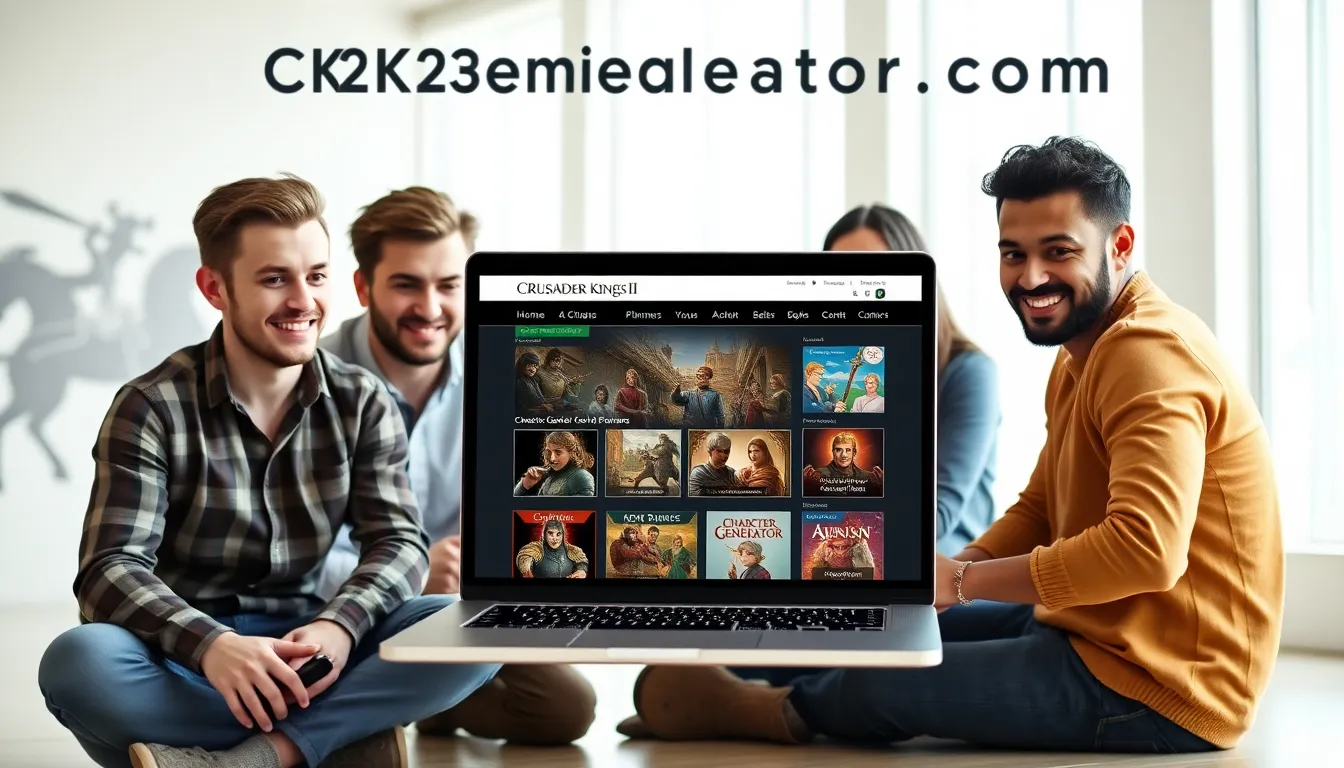 diverse group of gamers exploring CK2Generator.com on a laptop.
