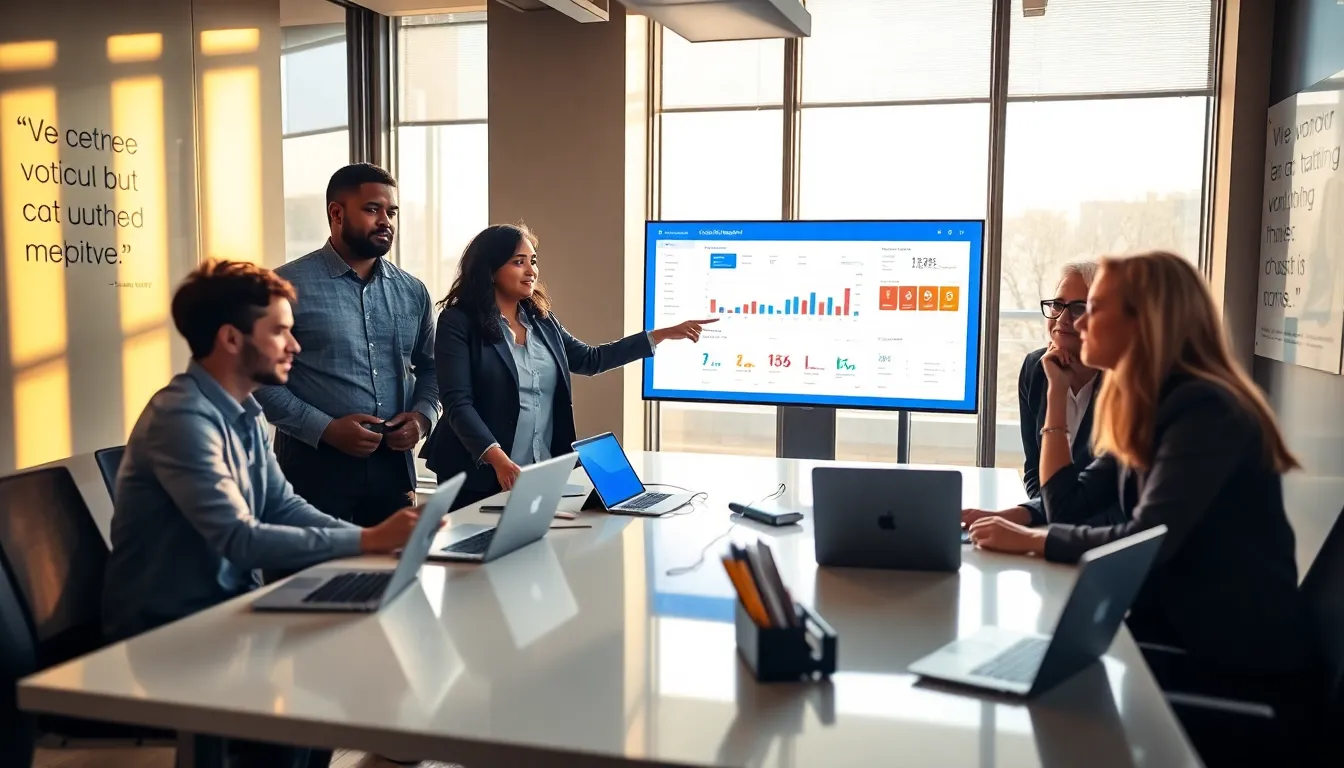 professionals collaborating in a modern office environment with digital tools.