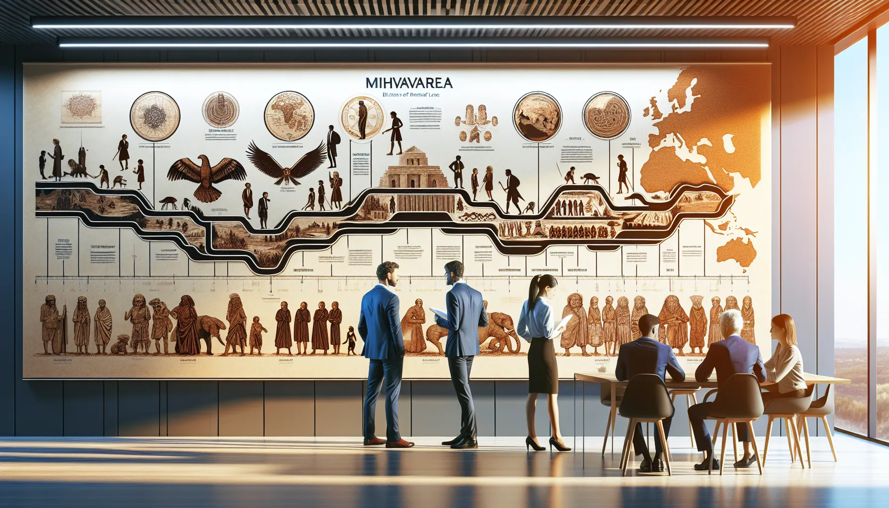 a modern office showcasing a historical timeline of Mihavarela.