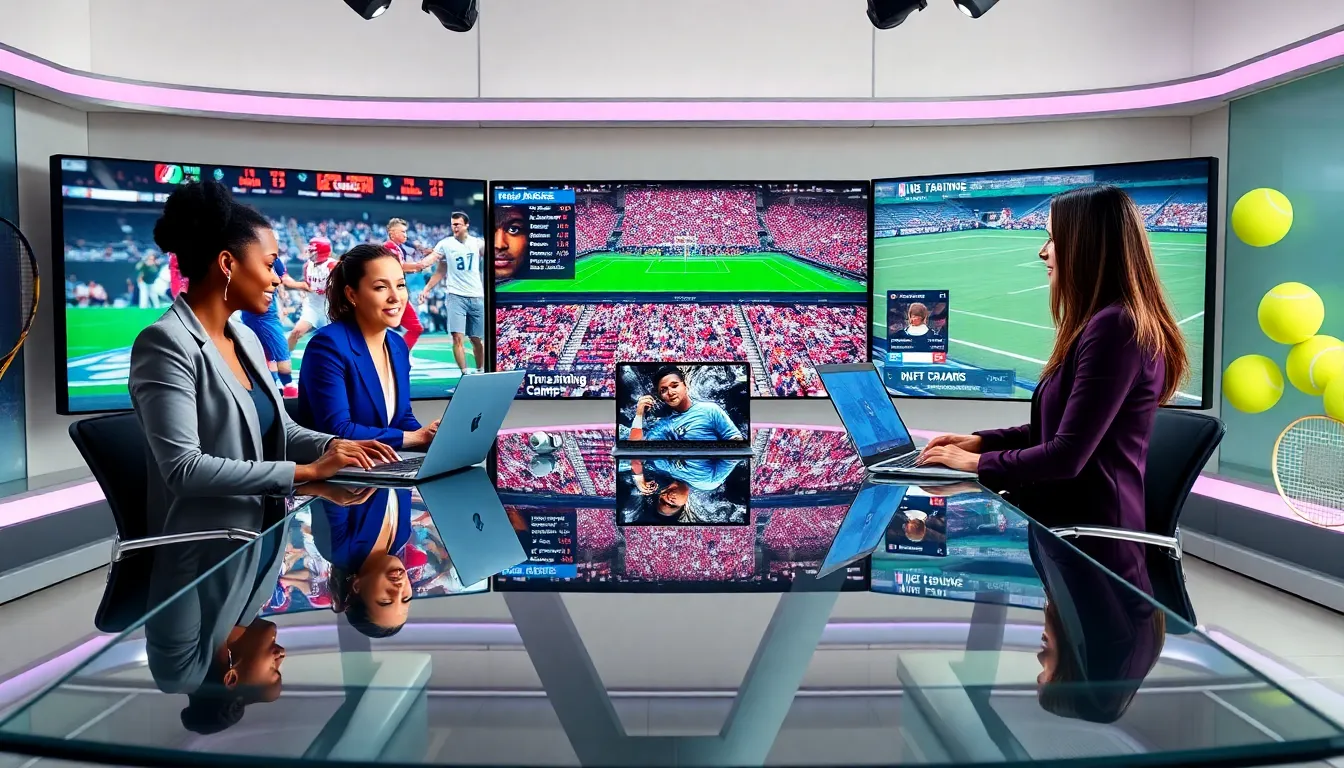 journalists discussing recent sports headlines in a modern newsroom.