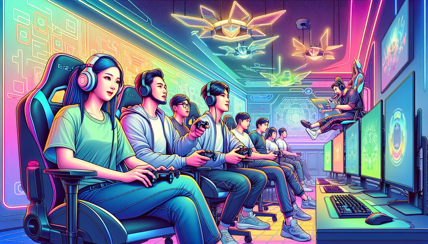 diverse gamers in a modern gaming lounge at PlayBattleSquare.com.