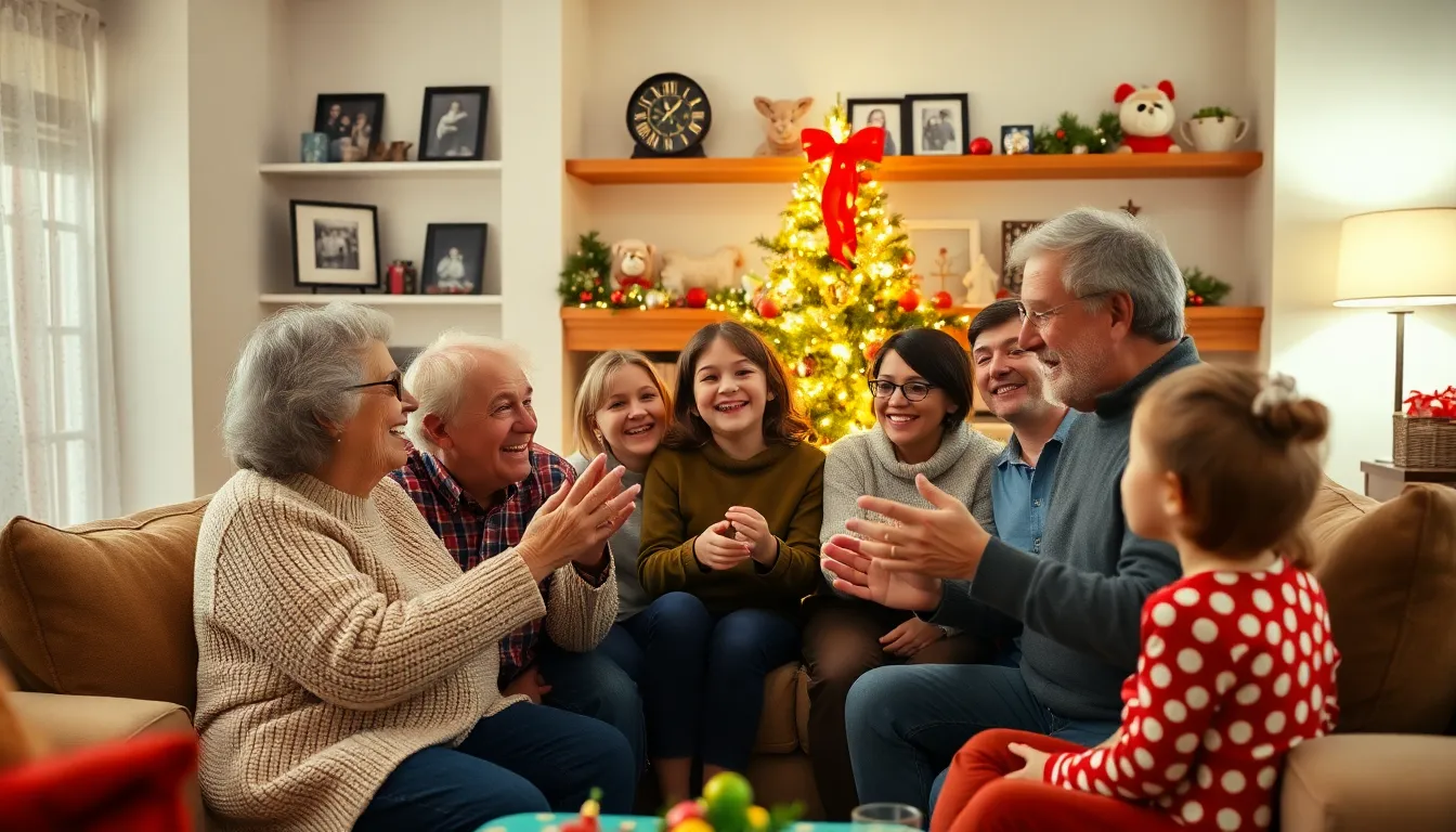 family enjoying a holiday games night in a cozy living room.