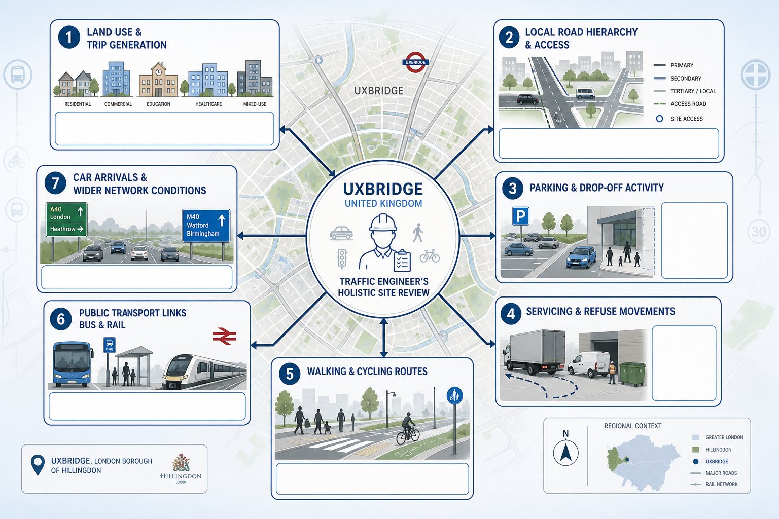 Infographic showing key areas a traffic engineer reviews for Uxbridge developments.