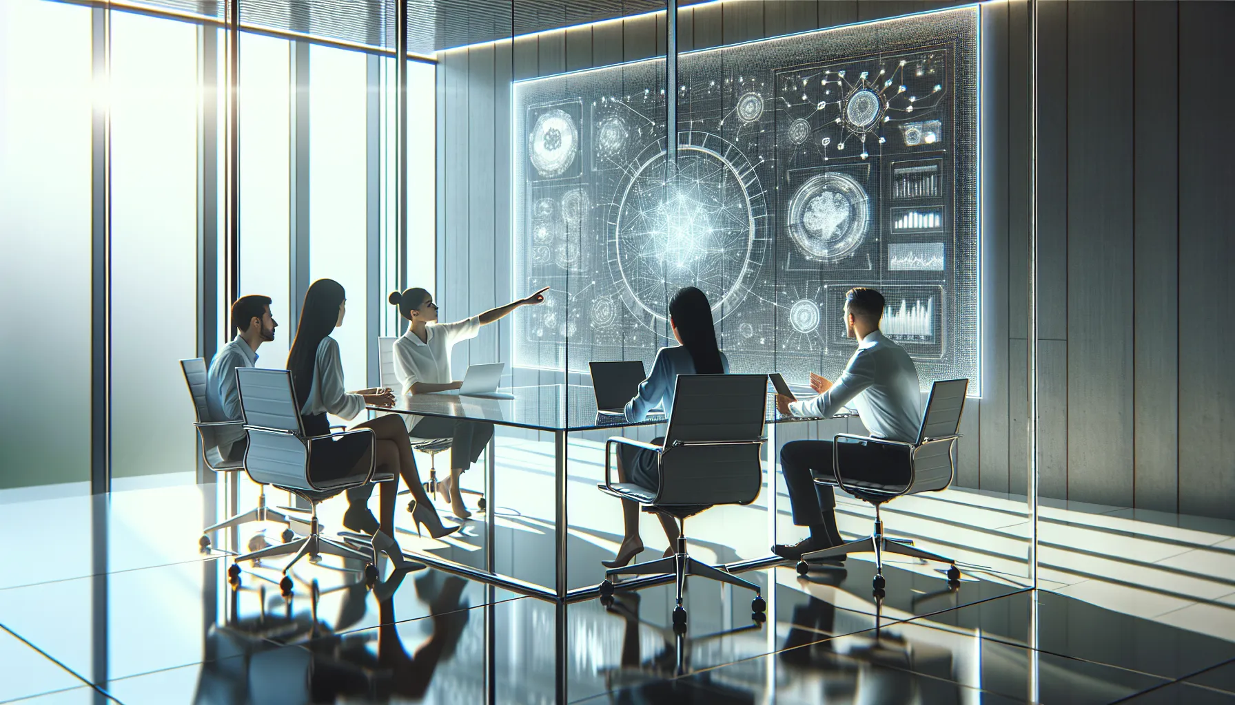 diverse team discussing technology in a modern office.