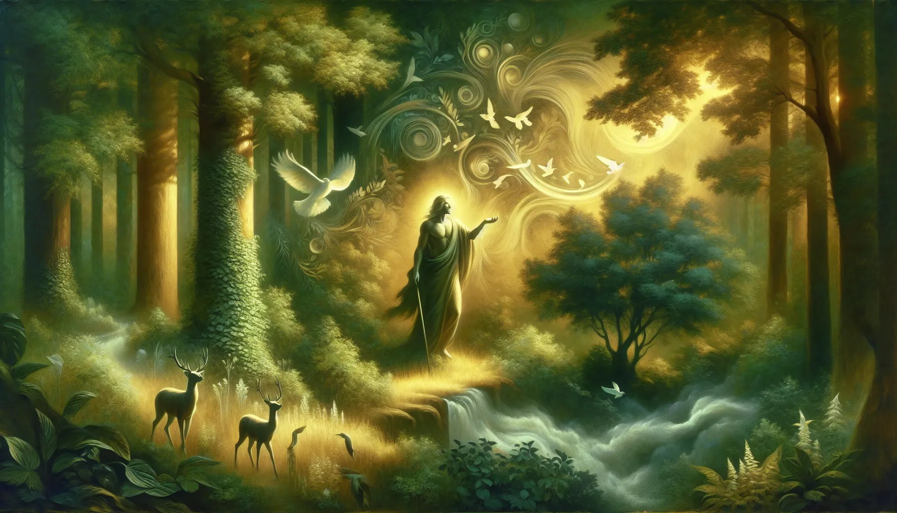 stylized guardian figure in a lush forest, symbolizing folklore lessons.