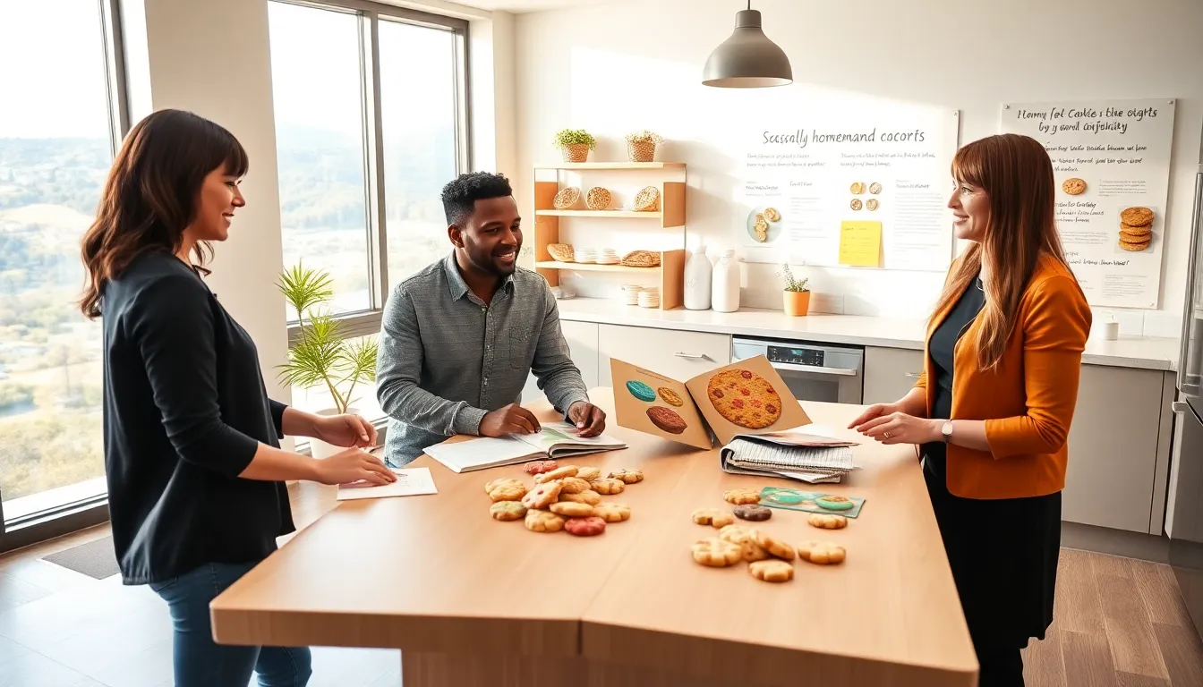 diverse team collaborating on cookie designs in a modern kitchen office.