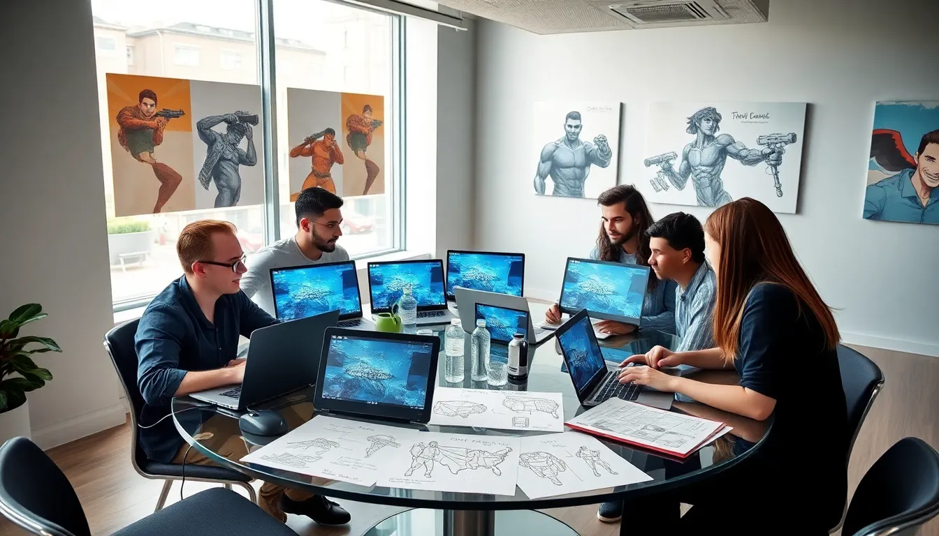 diverse game developers collaborating in a modern office setting.