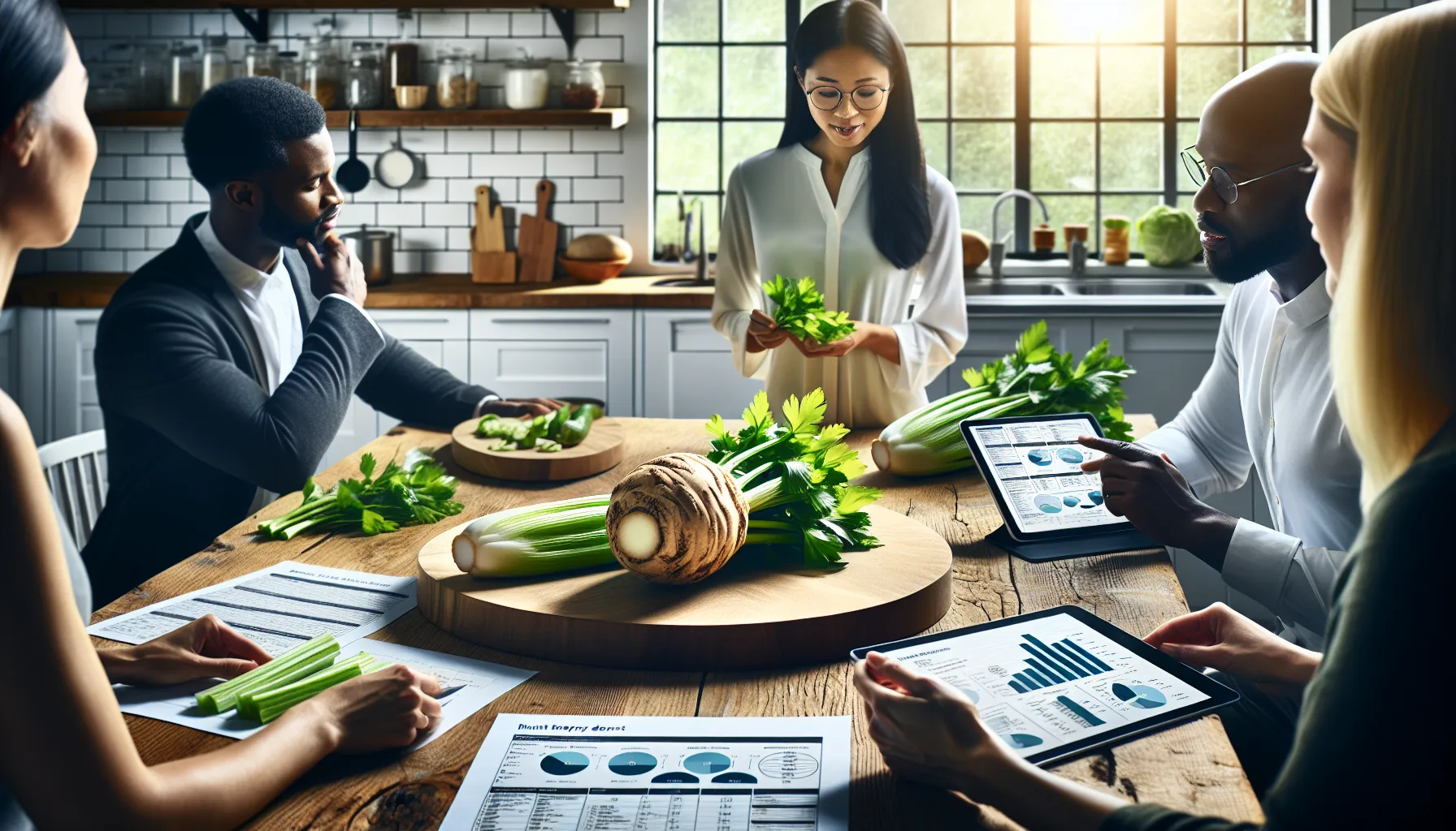 dietitian discussing celery root nutrition in a modern kitchen.