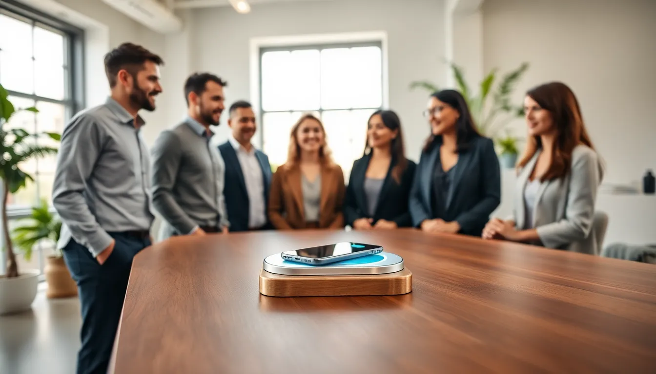 Professionals demonstrating wireless charging technology in a modern office.