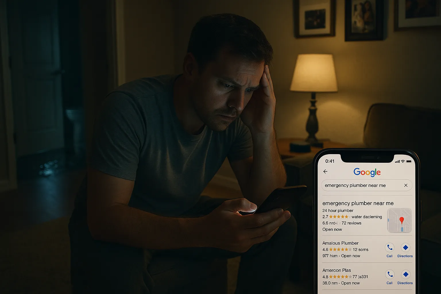 Homeowner at night searching phone for nearby emergency plumber with local results.
