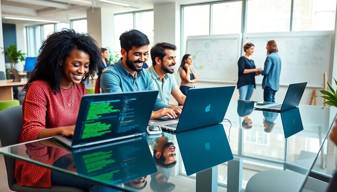 diverse team collaborating on programming challenges in a modern workspace.