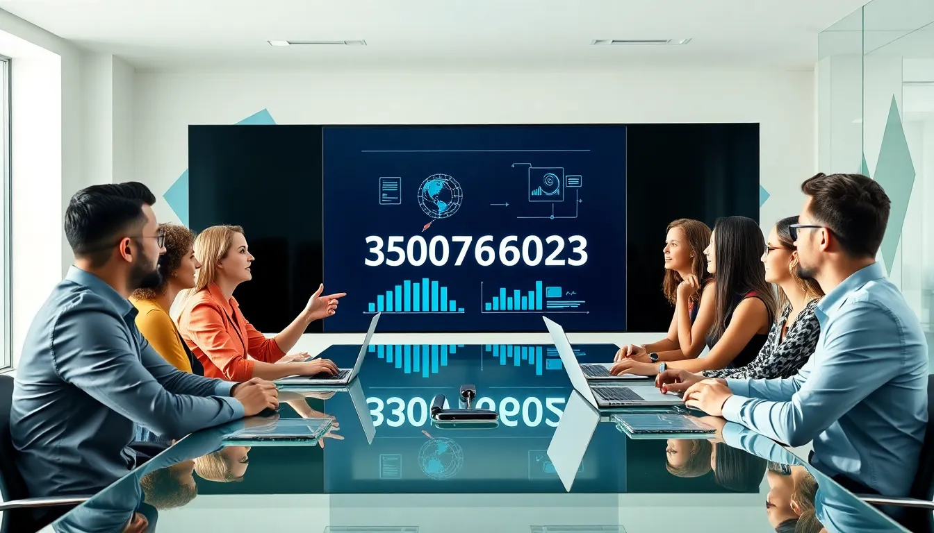 diverse professionals collaborating over data displayed on a digital screen.