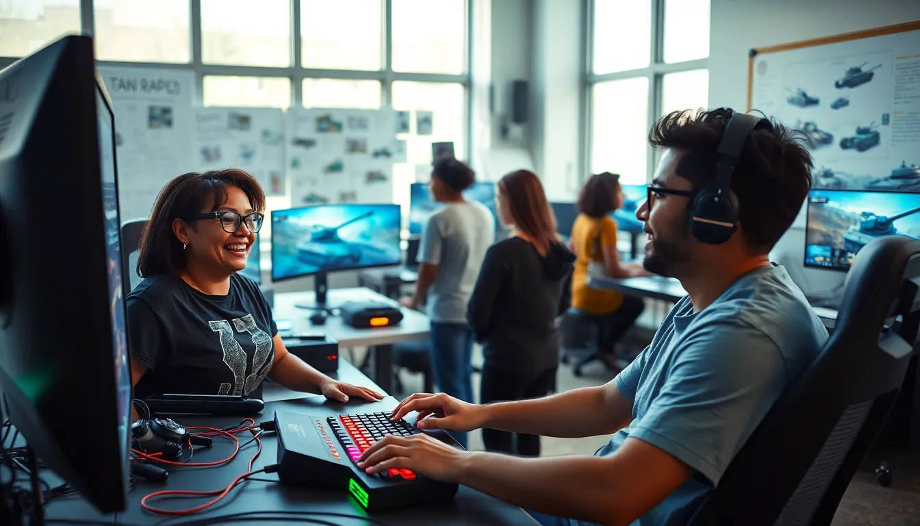 game developers brainstorming ideas for 'Tank Rapid' in a modern studio.