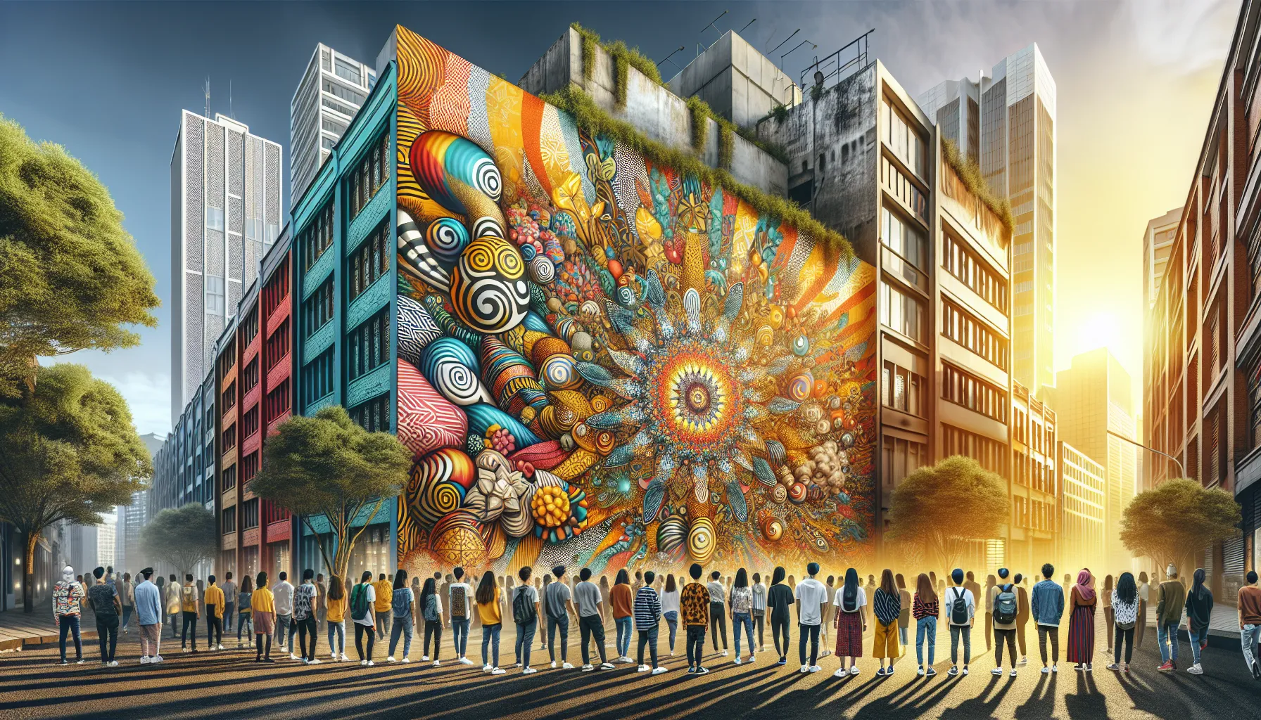 vibrant urban mural with diverse art enthusiasts admiring it.