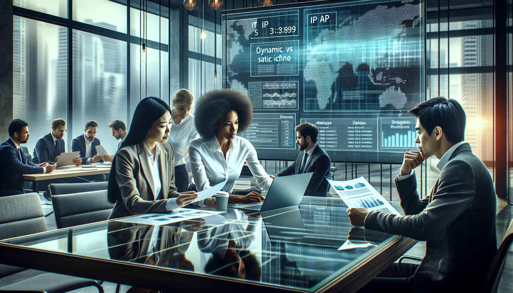 diverse team discussing IP address management in a modern office.