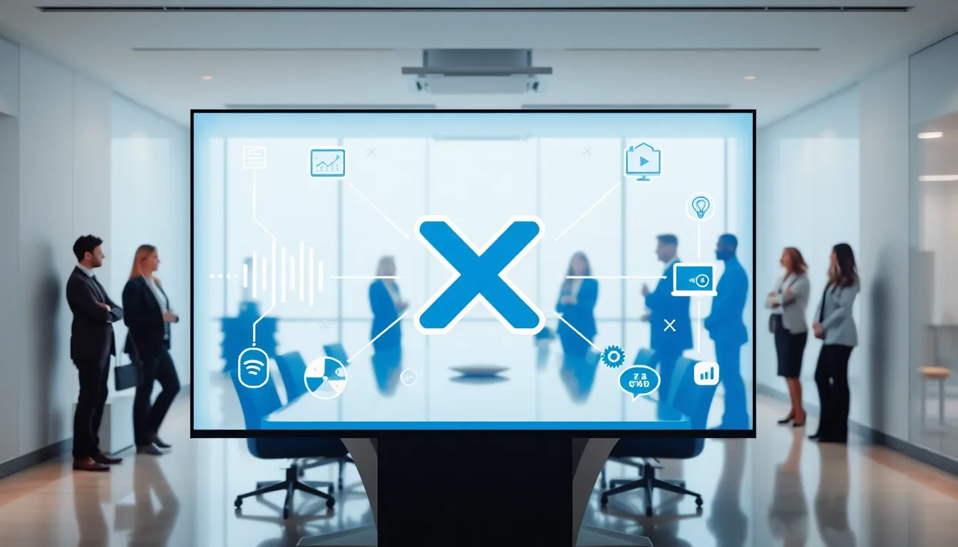 Sleek workspace featuring the X logo and professionals discussing branding.
