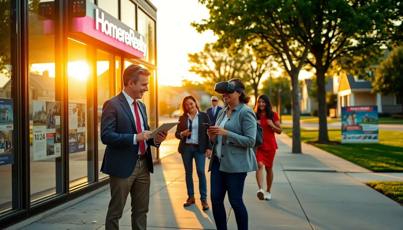 A modern real estate office with clients discussing in a suburban neighborhood.