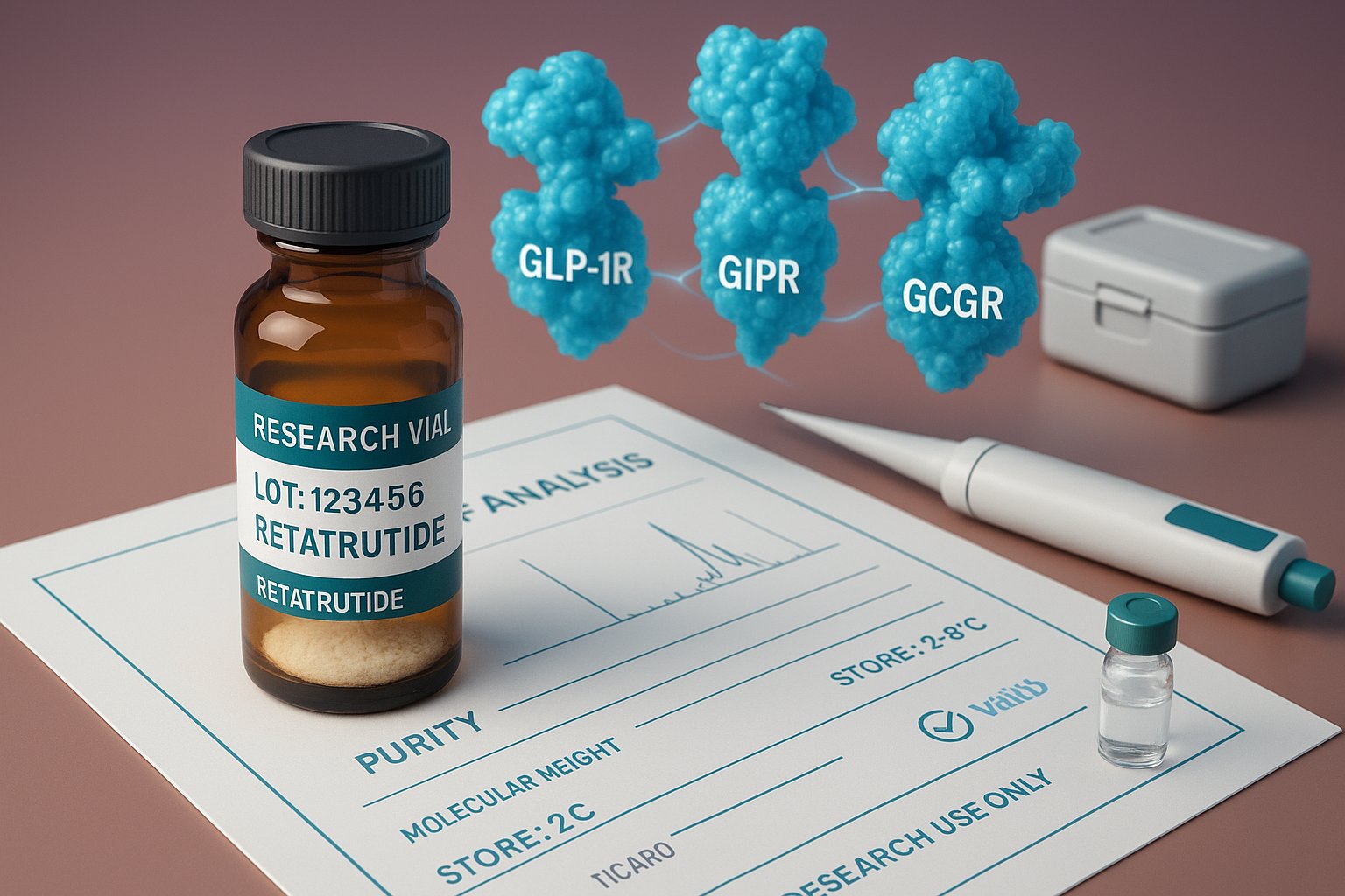 Lyophilized retatrutide research vial with verification documents and triple receptor model.