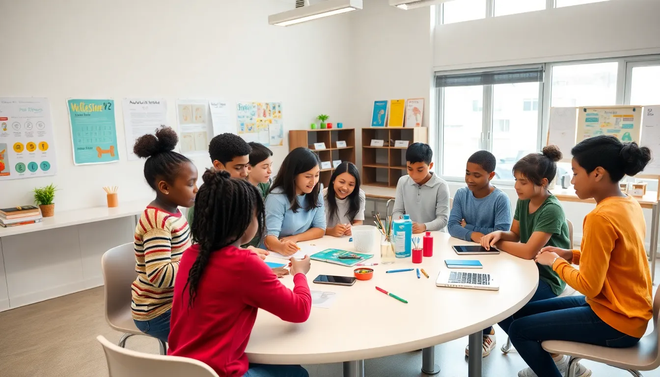 students collaborating in a modern classroom environment focused on alternative education.