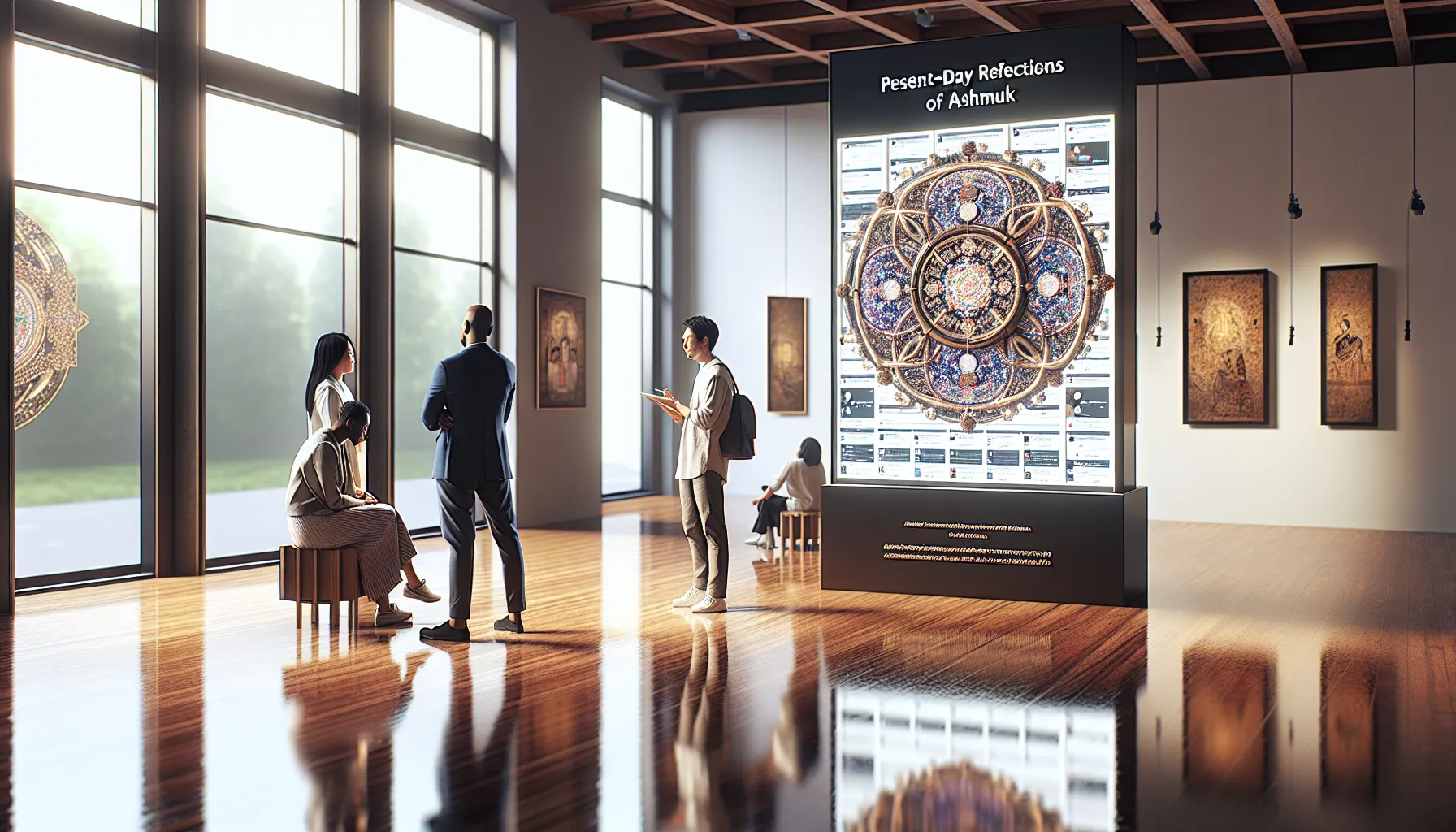 diverse artists discussing a modern art installation inspired by Ашмук.