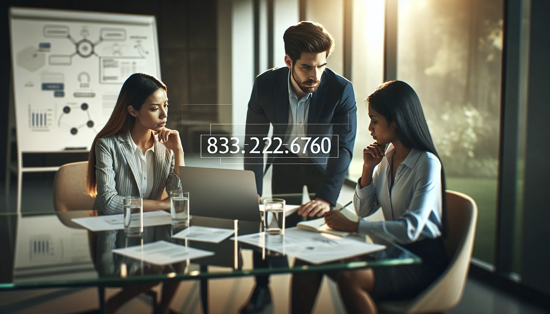 diverse team discussing phone scams in a modern office.