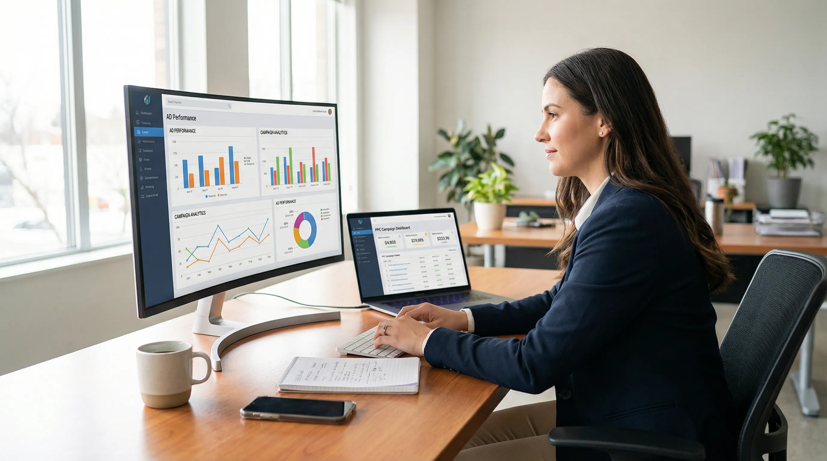 Modern office scene with a professional analyzing PPC advertising data on a large monitor and laptop, surrounded by neatly arranged work materials in soft natural light.