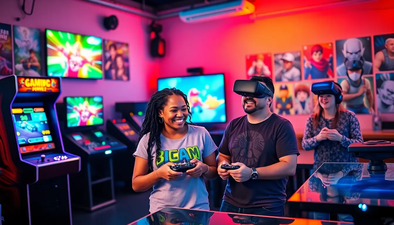 A diverse group of gamers celebrating in a colorful gaming lounge.