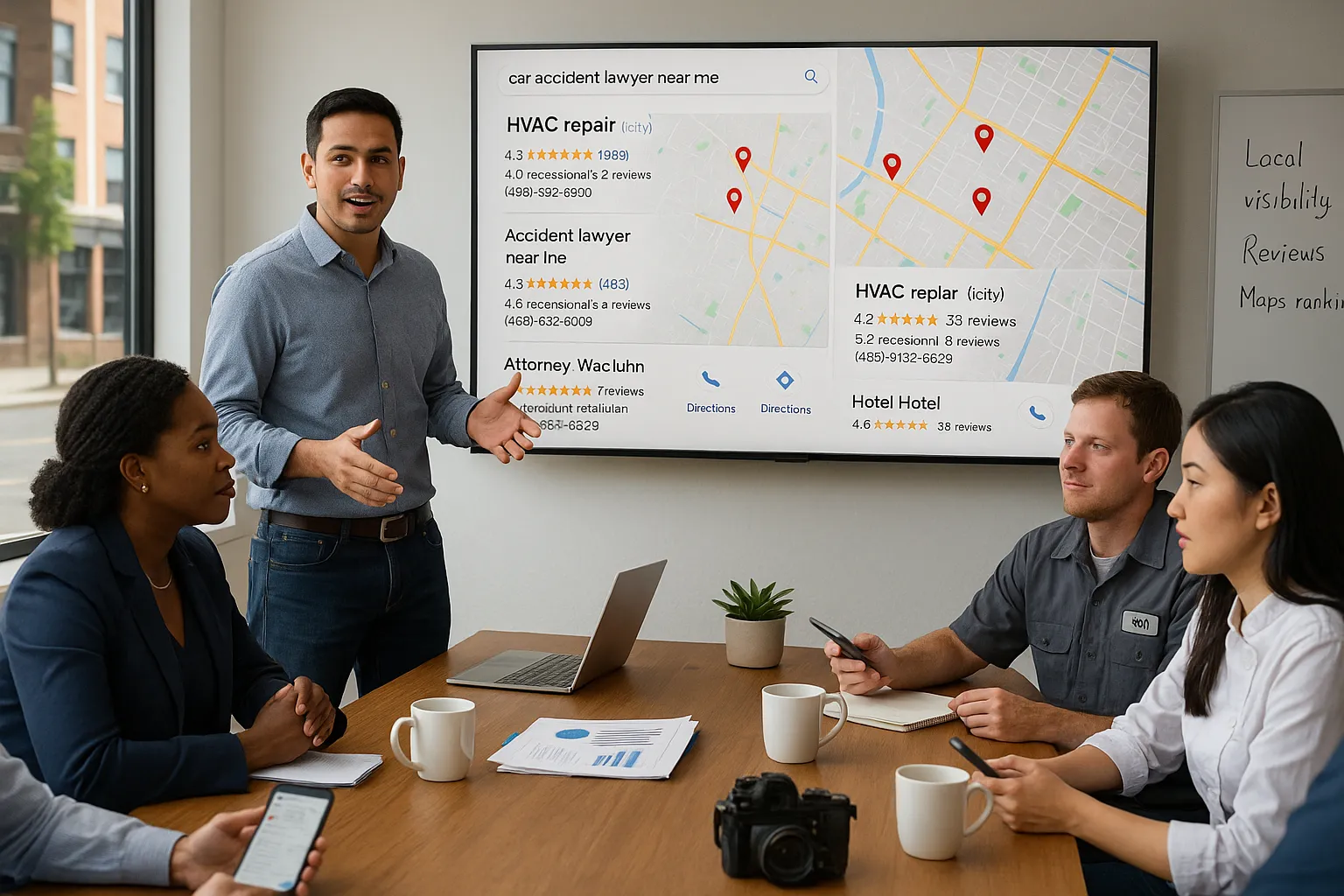 Local SEO consultant presenting map search results to diverse local professionals in a modern office.