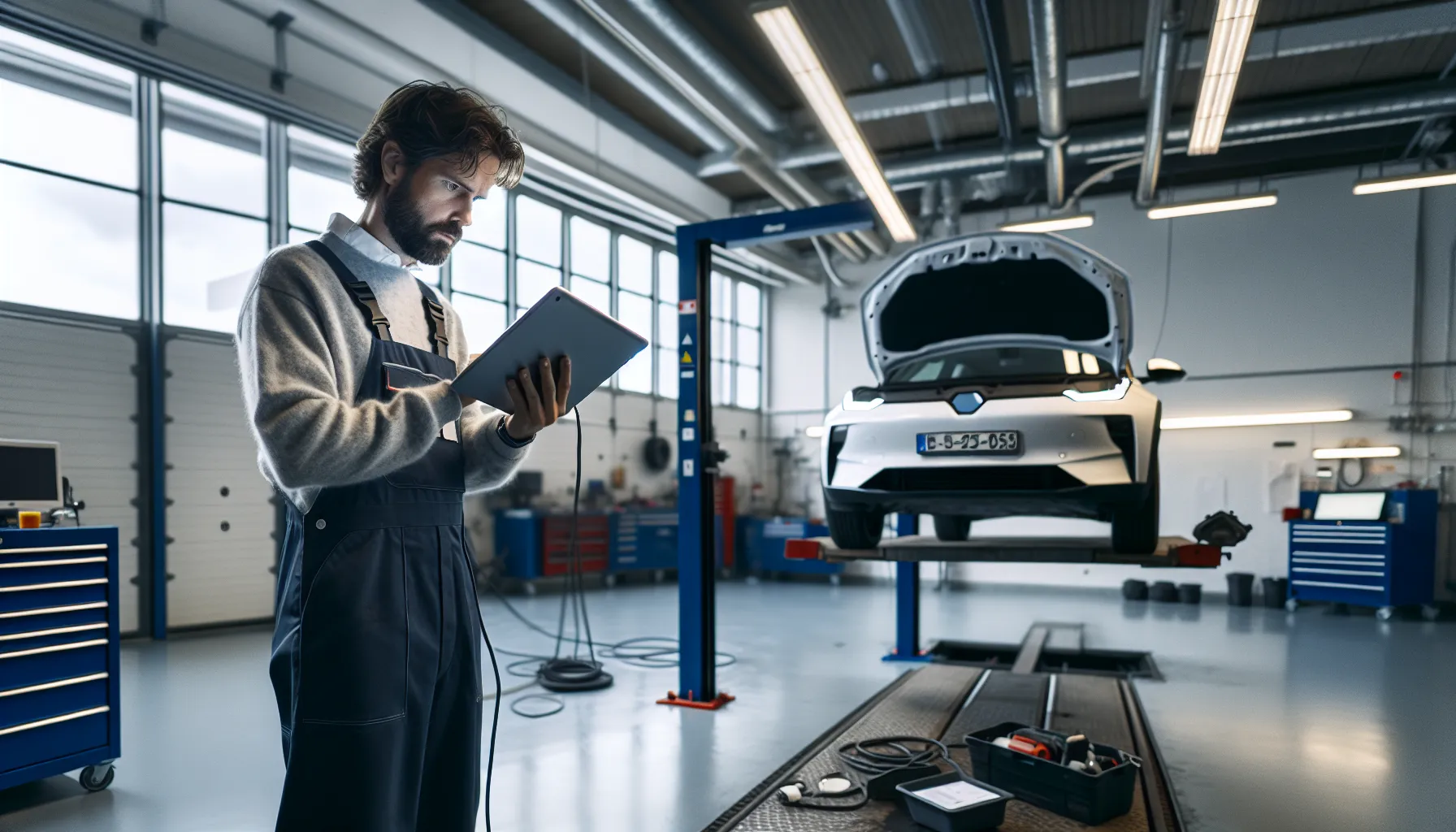 Mechanic servicing an electric car with diagnostics, fossil car maintenance in background.