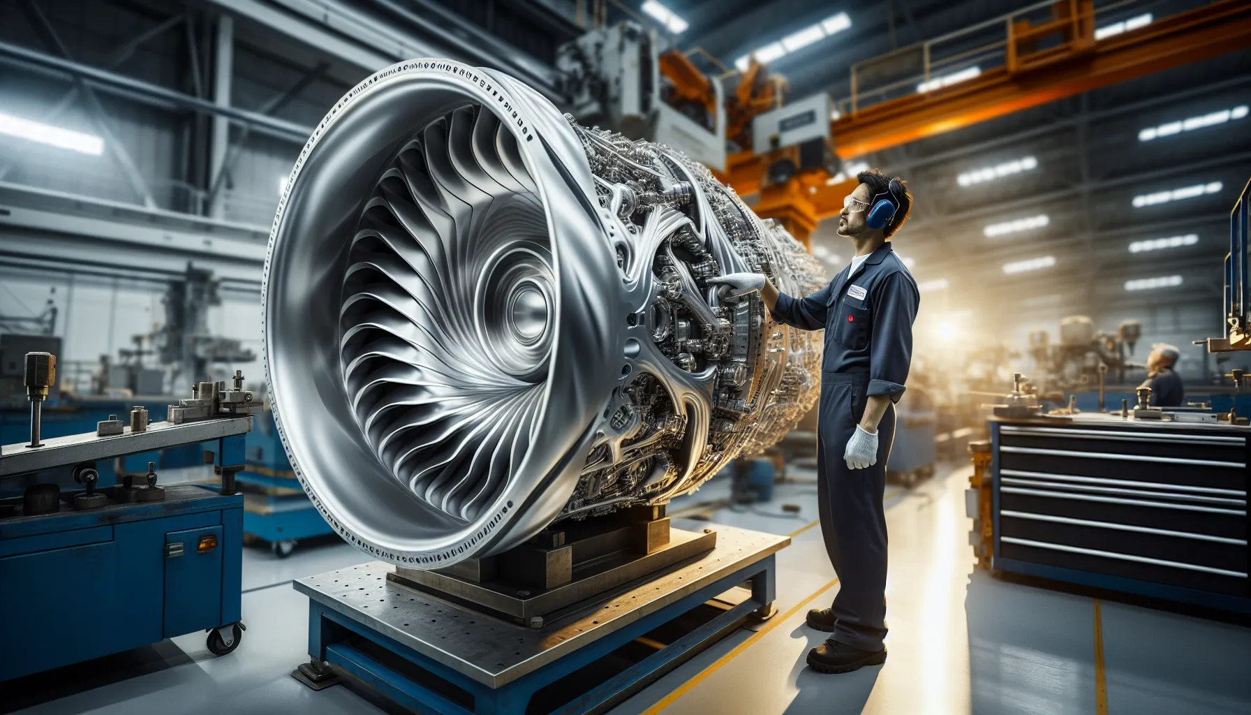 a worker inspecting a polished aluminum aircraft component in a workshop.