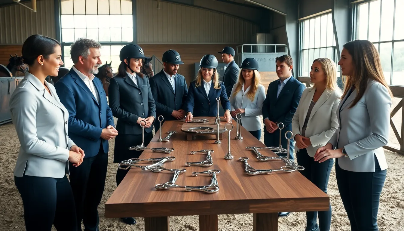diverse riders discussing Stacy Klinger Bitclassic bits in a modern stable.