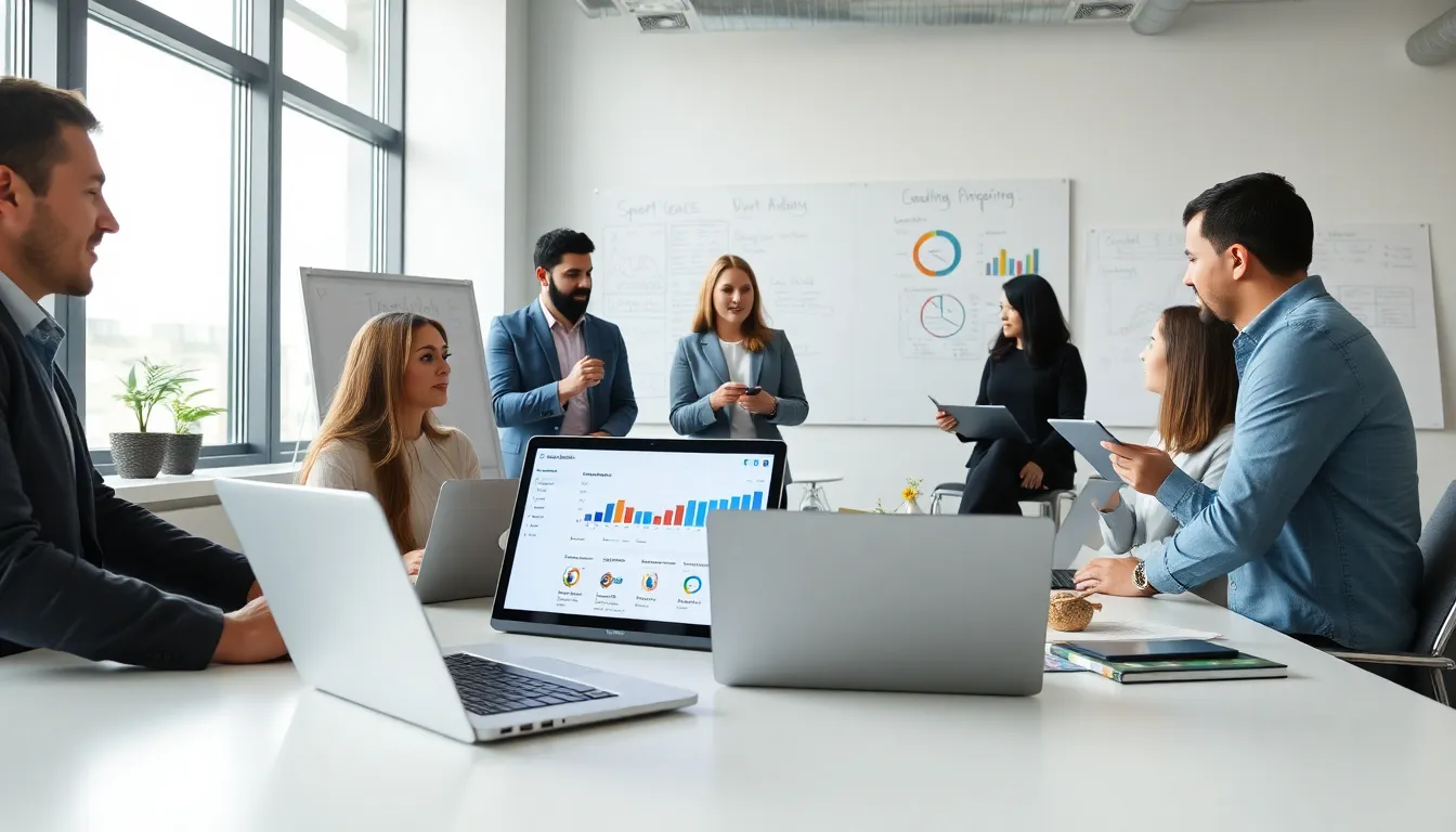diverse team collaborating on digital marketing strategies in an office.