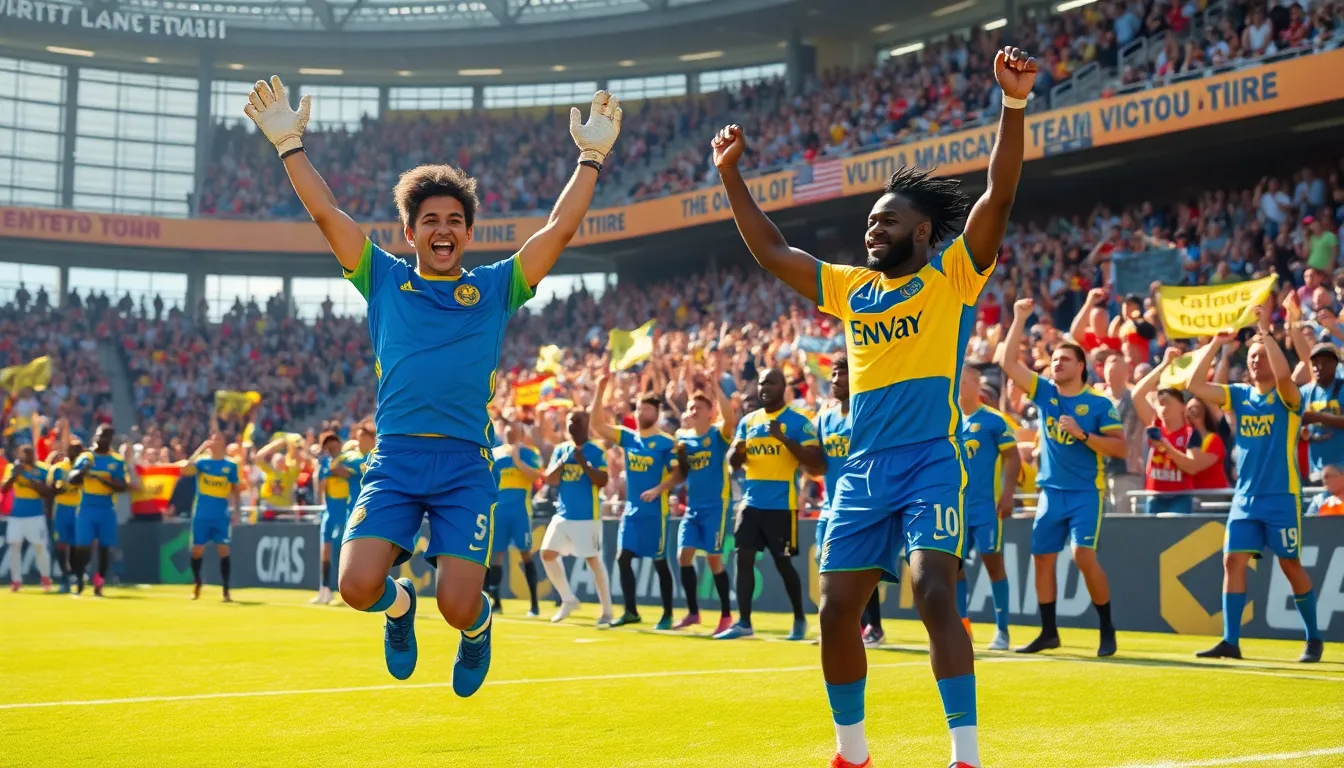 an underdog sports team celebrating a surprising victory in a crowded stadium.