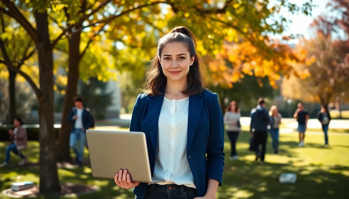 Rebecca Applewhite stands on a university campus with a laptop, symbolizing her tech journey.
