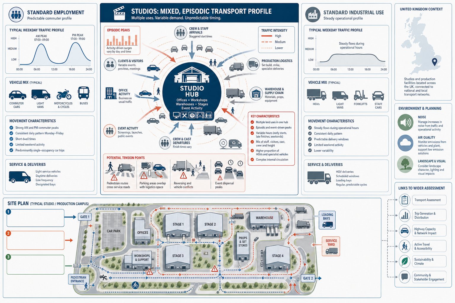 Infographic comparing studio transport peaks with standard employment and industrial traffic patterns.