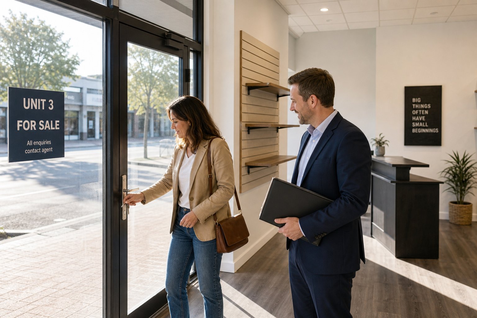 Business owner and finance adviser inspecting a vacant retail unit filled with natural light.