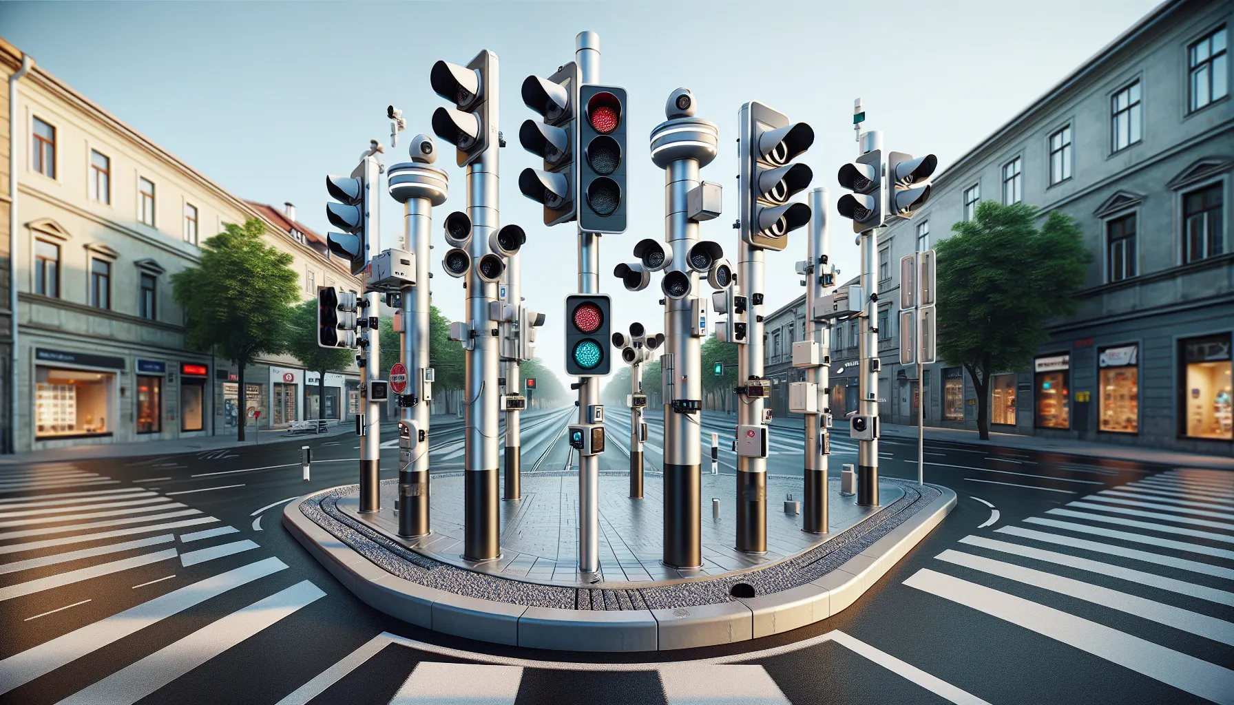 Modern traffic intersection with surveillance cameras mounted on traffic light poles